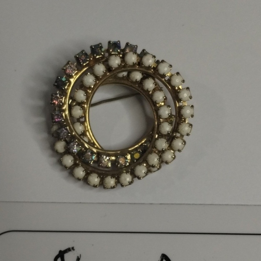 Vintage Gold Tone Aurora Borealis Rhinestone and White Cabochon Swirl Brooch Pin